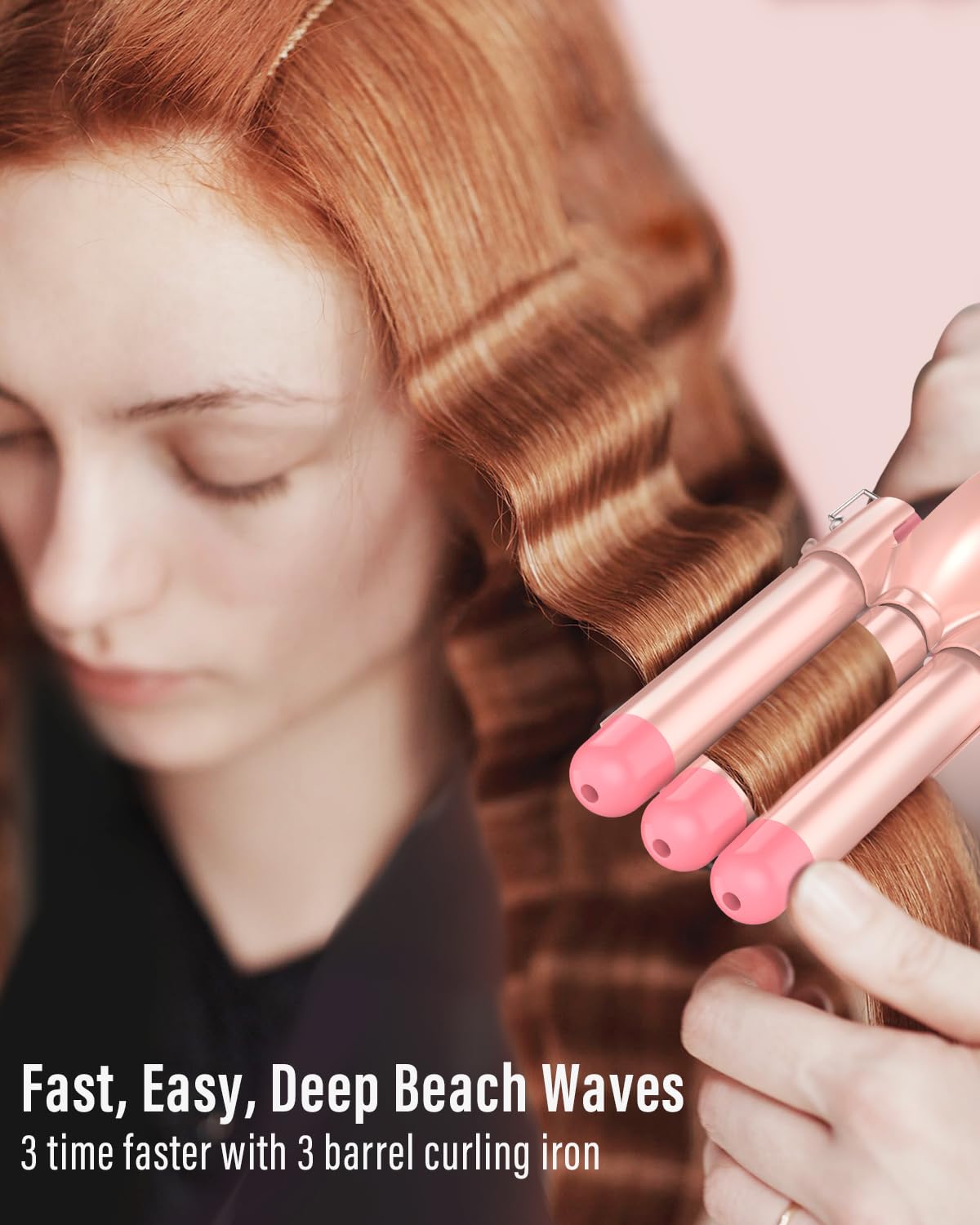 Waver Curling Iron Wand - BESTOPE PRO 5 in 1 Curling Wand Set with 3 Barrel Hair Crimper for Women, Fast Heating Crimper Wand Curler in All Hair Type, Women Gifts - Leather Pink