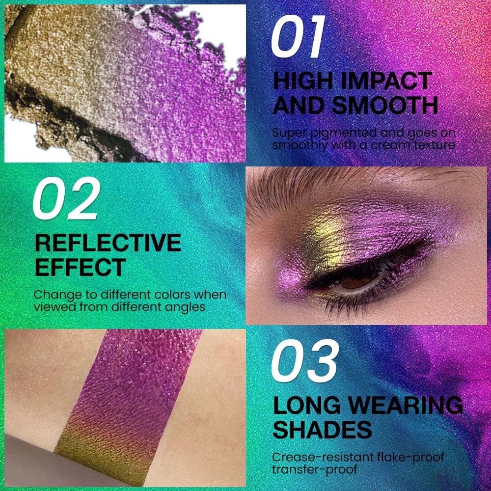 evpct Mermaid Purple Gold Holographic Chameleon Chrome Eye Shadow Palette Makeup for Older Women, Duochrome chromatic Duo Multichrome Glitter Shimmer Metallic Gothic festival Single Eyeshadow Palette