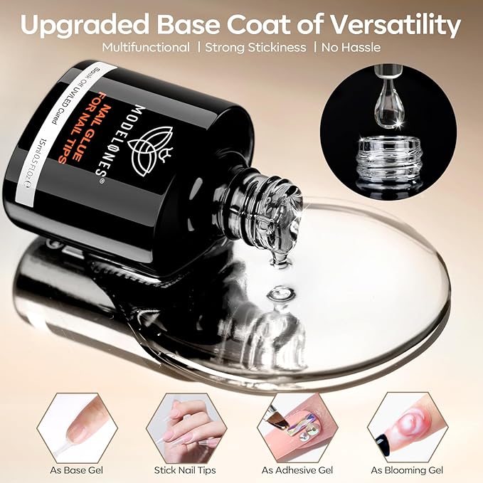 modelones Nail Glue Gel with Top Coat and Prep Dehydrator 3 PCS 15ml 9 in One Gel Glue Kit for Easy Nail Extension, No Wipe Top Coat