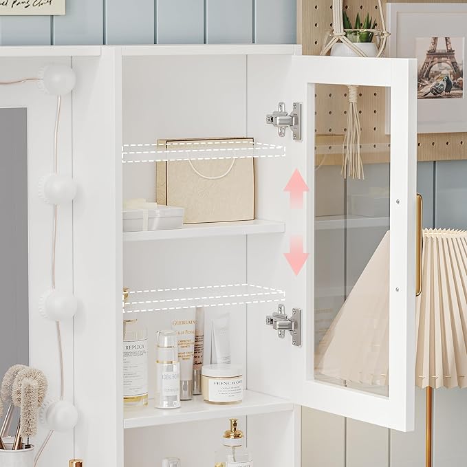 White Vanity Table with Drawer Dresser, Farmhouse Vanity Makeup Desk with Charging Station, Vanity Desk with Lights Mirror & Drawers for Makeup,Vanity Desk with Storage Shelf & 5 Drawers (Gold Handle)