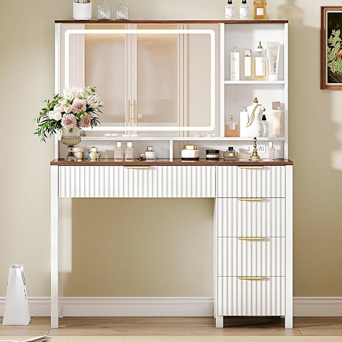 43" Large Vanity Desk with 30" HD Lighted Mirror,Modern Vanity Desk with Mirror and Lights, Makeup Vanity with 5 Drawers and Storage Shelves and Charging Station, White