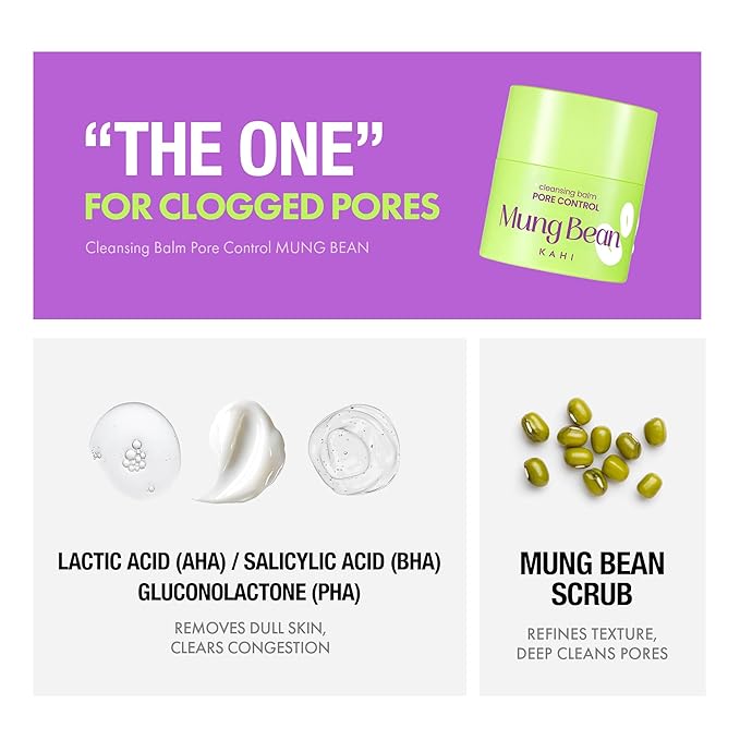 KAHI Cleansing Balm Pore Control Mung Bean - Nourishing & Hydrating Facial Cleanser Makeup Remover Balm with AHA, BHA (Salicylic Acid), PHA, and LHA - Gentle Exfoliating Korean Skincare 1.69 oz