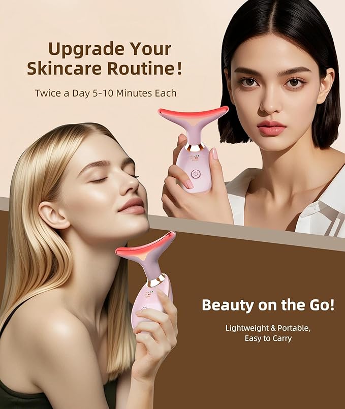 Red Light Therapy for Face and Neck, 7 Color Light Based Face Massager Tool, Portable Skin Care Tool for Firming, Tightening and Lifting (Glossy Pink)