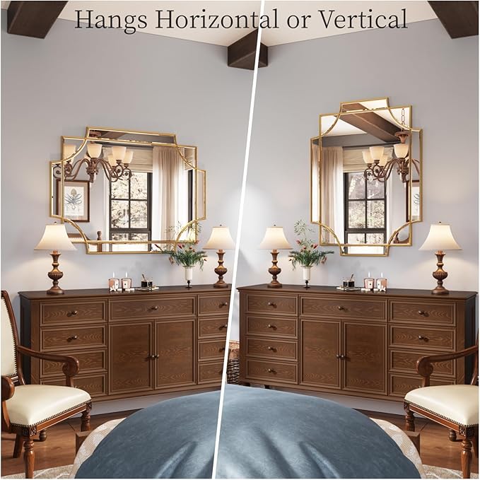 Kelly Miller Large Gold Decorative Mirror for Wall, 30"x40" Gold Bathroom Mirror Rectangle Vanity Wall Mirror Beveled for Master Bath Half Bath Living Room Bedroom Farmhouse Fireplace Hallway