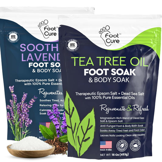 Tea Tree Oil & Soothing Lavender Foot Soak with Epsom Salt - Best Toenail Treatment & Softens Calluses - Soothes Sore & Tired Feet, Foot Odor Scent, Spa Pedicure - Made in USA - 16oz (Pack of 2)