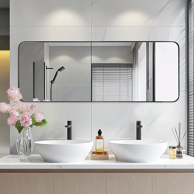 ANDY STAR 18" x 48" Full Length Wall Mirror, Large Polished Chrome Mirror for Bathroom, Rounded Corner Rectangle Body for Floor and Leaning