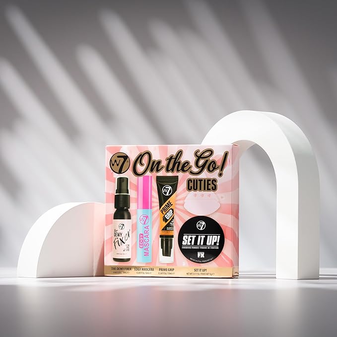 W7 On the Go Cuties Set - Mini Makeup Essentials with Primer, Mascara, Setting Spray, Loose Powder & Powder Puff - Travel Size Beauty Favourites