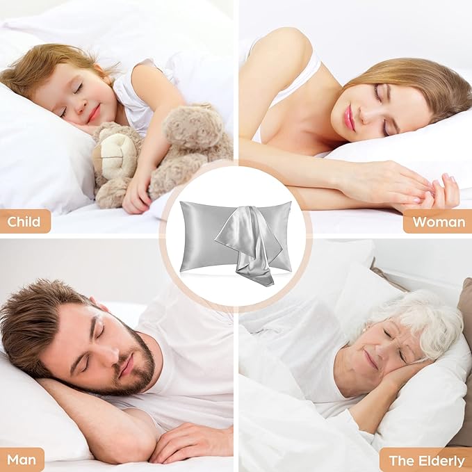 Silk Pillowcase for Hair and Skin, 2 Pack 100% Mulberry Silk Pillowcase 25 Momme, 600 Thread Count, Both Side Pure Silk Pillow Cover with Hidden Zipper (Gray, Standard 20''×26'')