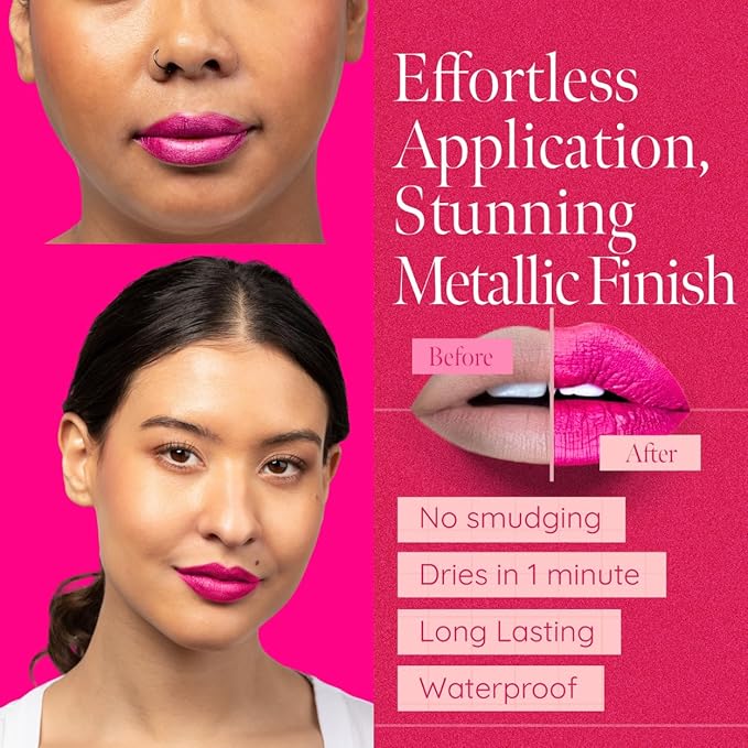 Aromi Hot Pink Metallic Liquid Lipstick | Magenta Lip Color with Shimmery Finish, Vegan, Cruelty-free, Long-Lasting and Smudge Proof (Fab Flamingo)