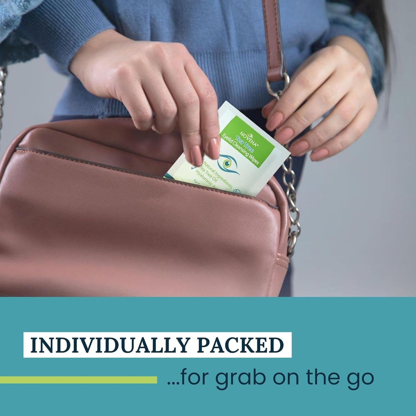 NOVEHA 60PCs Tea Tree Oil Eyelid & Lash Wipes | With Hyaluronic Acid, Green Tea & Chamomile For Blepharitis, Itchy & Stye Eyes, Individually Wrapped, Natural Eyelash Makeup Remover & Daily Cleanser