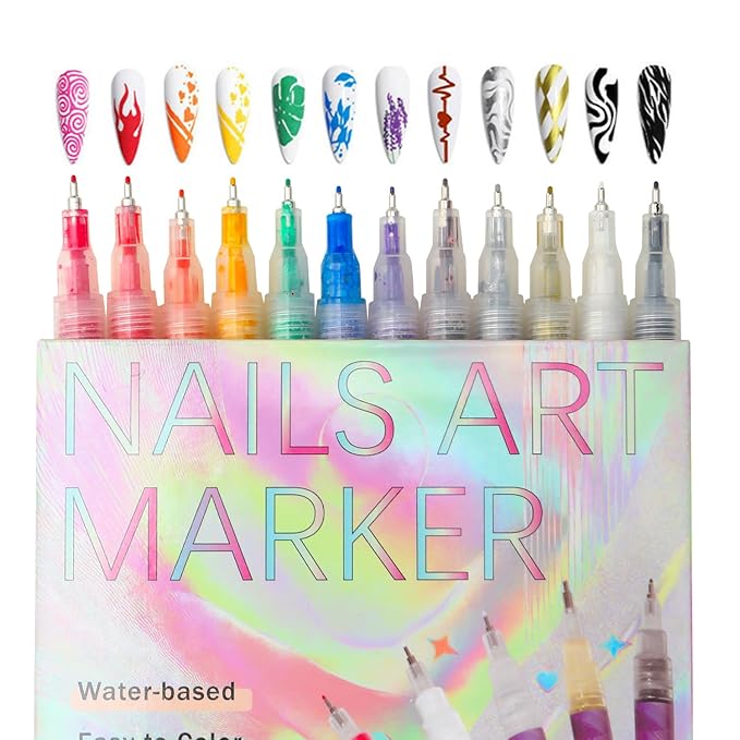 Nail Art Pens 12 Colors Set, Nail Art Markers Polish Pen for 3D Nail Art, nail art Tools for Dotting Drawing Painting Point Liner DIY