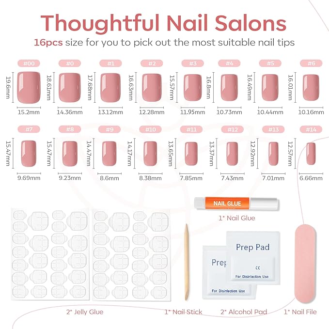 Modelones 32Pcs Peach Pink Press on Nails, Valentines Short Square Fake Nails, Reusable Nail Kit with Nail Glue Adhesive Tabs Mini Nail File, Nails Press Ons 16 Sizes