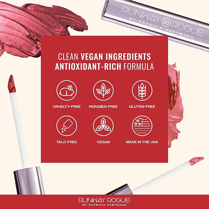 Runway Rogue Pearl Glam Long Wear Shimmer Liquid Lipstick, Metallic Soft Earthy-Red Lipstick with Gold Shimmer, ‘Day Rate’