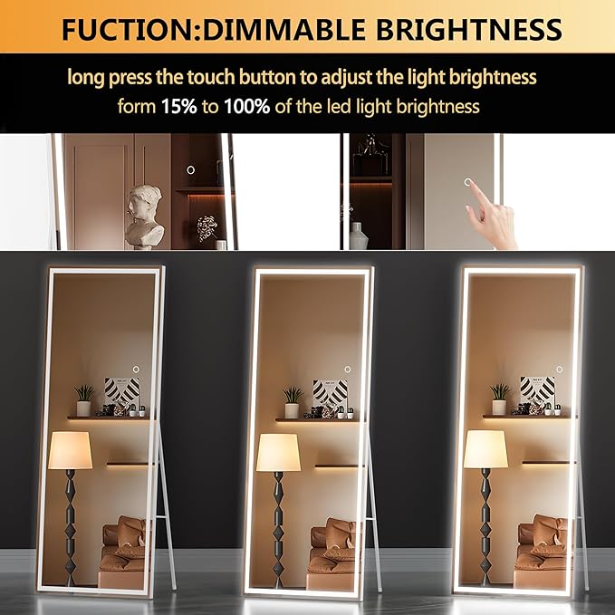 Hasipu Full Length LED Mirror with Lights, 56" x 18" Floor Standing or Wall Hanging Mounted, Full Body Dressing Mirror, Dimmable Tempered Glass, Square White