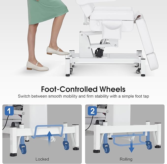 BarberPub Fully Electric Beauty Bed, 3-Motor Salon Spa Chair with Foot-Controlled Wheels, Adjustable Height, Backrest & Leg Rest – PVC Leather, Professional Facial & Treatment Table 2754 (White)