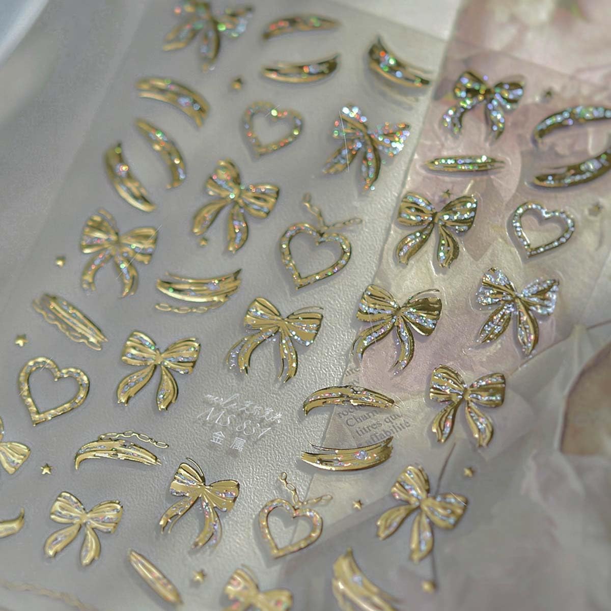 Gold Bow Nail Stickers for Nail Art Heart Bow Nail Decals Coquette Stickers for Nails 3D Self Adhesive Nail Art Supplies & Decorations for Women Girls,1 Sheet DIY Manicure Decor
