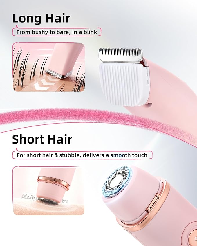 Bikini Trimmer for Women: Painless Body Hair Electric Razor - Dual Head All in 1 Versatile Shaver for Pubic Area, Leg and Face, Cordless and IPX7 Waterproof for Daily Personal Use, Pink