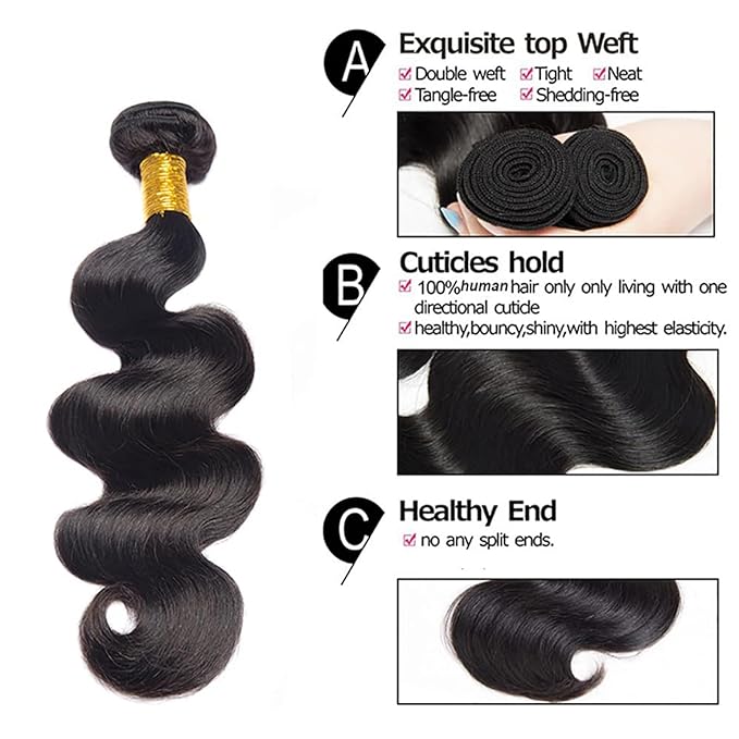 12A Human Hair Bundles 16 18 20 Inch Body Wave 100% Unprocessed Hair 3 Bundles Deals Extensions Quick Weave Human Hair Natural Black Color
