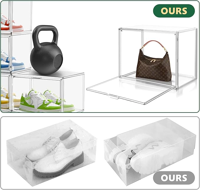 1 Pack Acrylic X-Large Shoe Box Clear Plastic Stackable Storage Boxes with Magnetic Door Shoe Organizer for Closet Sneaker Boot Shoe Storage,Fit up to US Size 14
