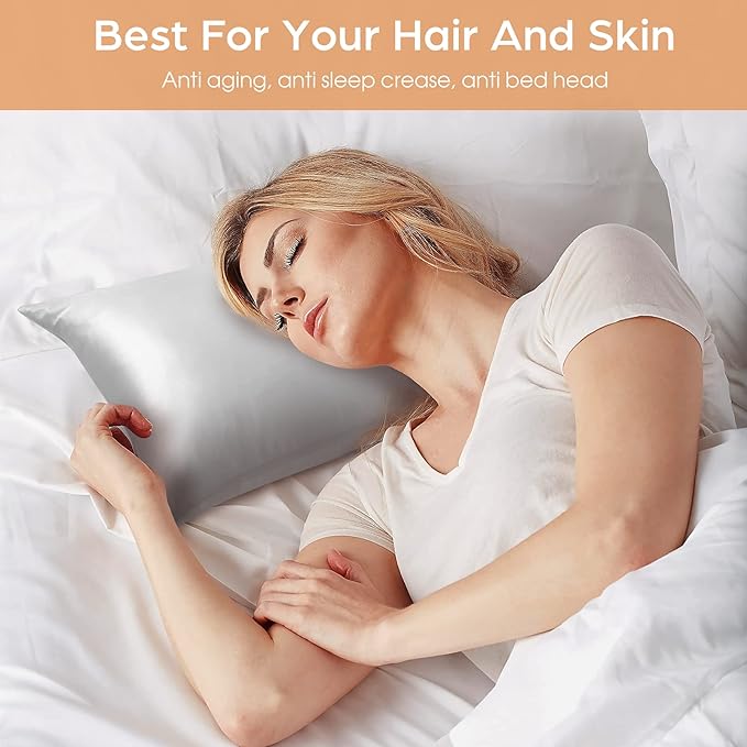 Silk Pillowcase for Hair and Skin, 2 Pack 100% Mulberry Silk Pillowcase 25 Momme, 600 Thread Count, Both Side Pure Silk Pillow Cover with Hidden Zipper (Gray, Standard 20''×26'')