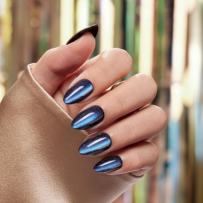 VSALON Press on Nails Short Almond - Blue Cat Eye Chrome Glitter Glossy Glue On Valentine Nails Kit, Reusable Opaque Gel Magnetic Effect Fake Nails with Glue - in 16 Sizes 32 Stick On Nails