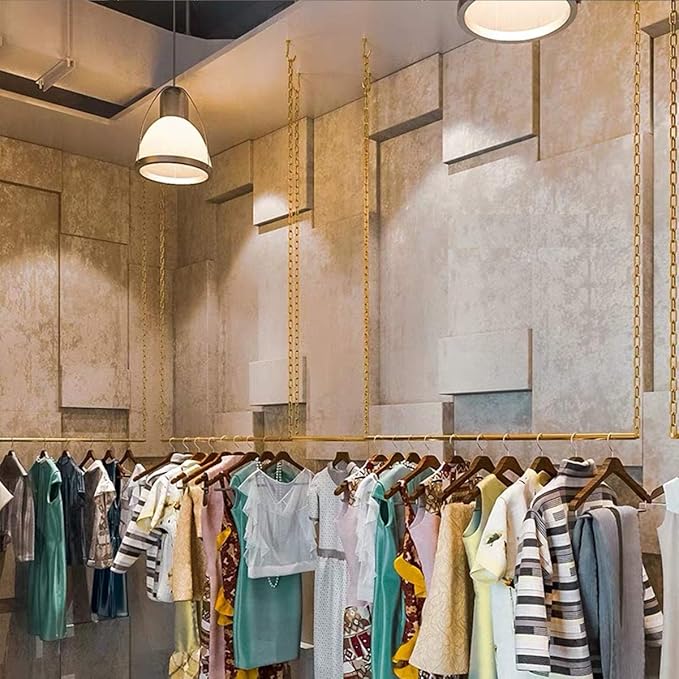 2 Pcs Adjustable Height Creative Chain Clothing Hanging Racks,Clothes Storage Shelves, Heavy Duty Metal Garment Rack,Retail Display Ceiling Hanger (Gold, 47.2 L)