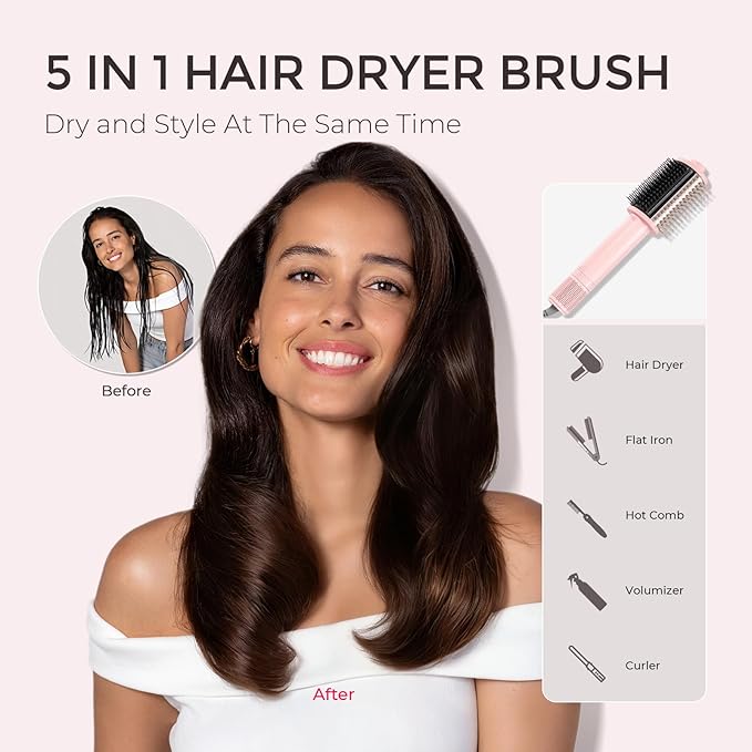 TYMO 4.0 Hair Blow Dryer Brush - Lightweight 3X Faster Drying 5-in-1 Ionic Blowout Hair Dryer Brush Adds Shine, Volume & Fullness for Smooth, Anti-Frizz Straight, Curl & Blowout Styles, Pink