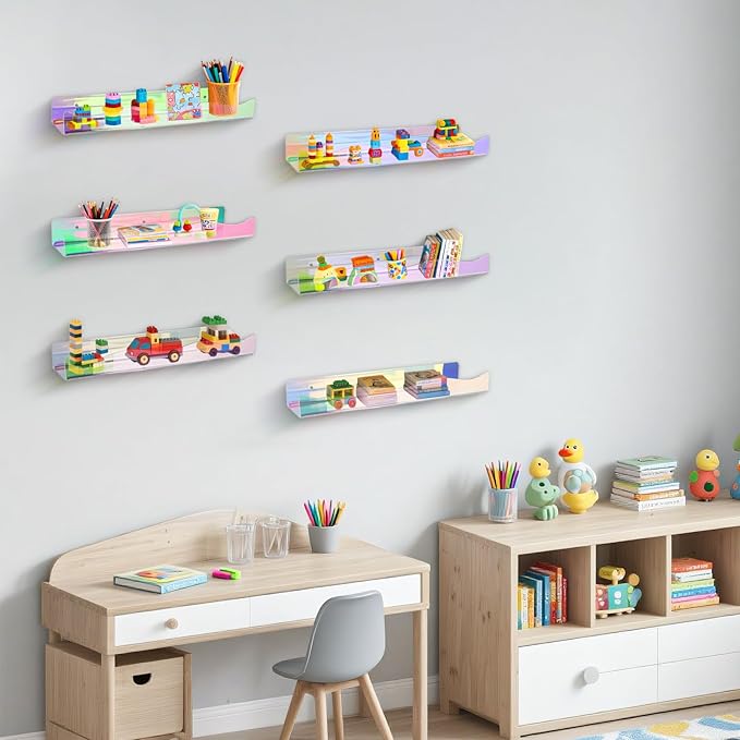 Wall Mount Acrylic Shelf 15 Inch Floating Shelf for Wall Decor Plants Books Records Colorful Display Shelf with Mounting Hardware Bathroom Bedroom Living Room Storage Organization(6, iridescent)