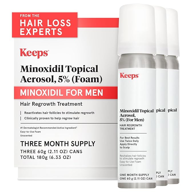 Keeps Extra Strength Minoxidil for Men Topical Aerosol Foam 5%, Hair Growth Treatment - 3 Month Supply (3 x 2.11oz Bottles) - Thicker, Longer Hair - Slows Hair Loss & Promotes Hair Regrowth