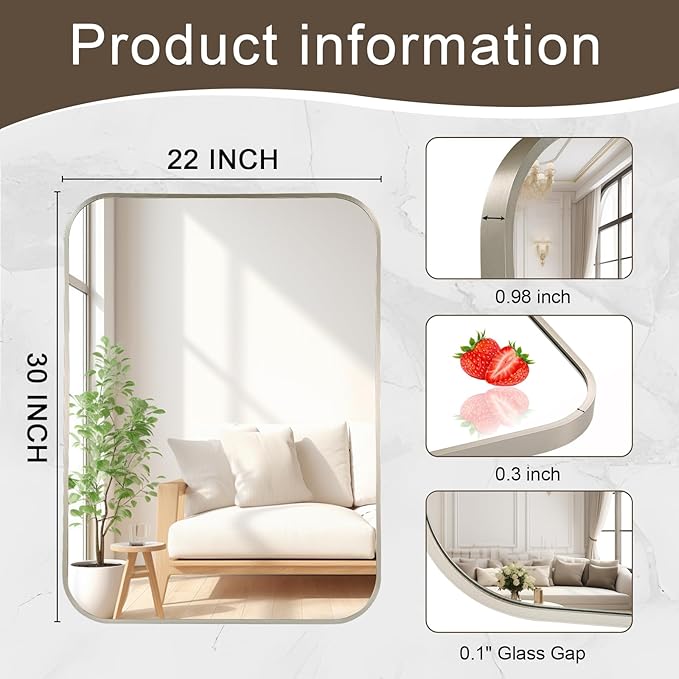 Brushed Nickel Bathroom Mirror, 22x30 Inch Aluminum Frame Rectangle Mirror, Anti-Rust, Tempered Glass, Wall Mirror for Over Sink, Vanity, Bedroom, Entryway, Horizontal/Vertical