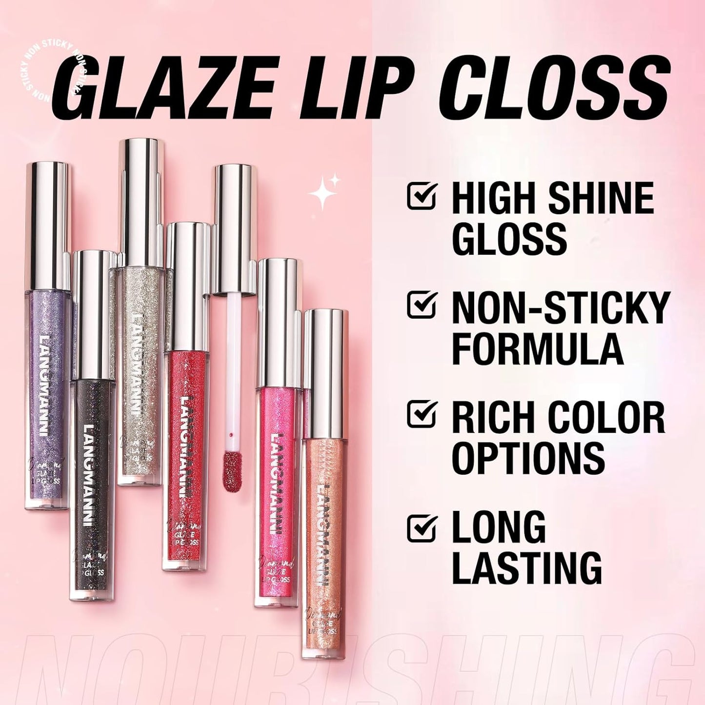 LANGMANNI 2 Colors Diamond Glitter Lip Gloss Set,Long Lasting High Shine Shimmer Liquid Lipstick Set,Hydrating,Moisturizing Lip Gloss Kit Gift Makeup For Girls(#03+04)