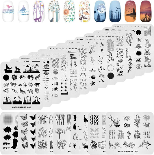KADS 20pcs Nail Stamp Plates Set - Leaves, Flowers, Animal Nail Art Templates (20 Pcs)