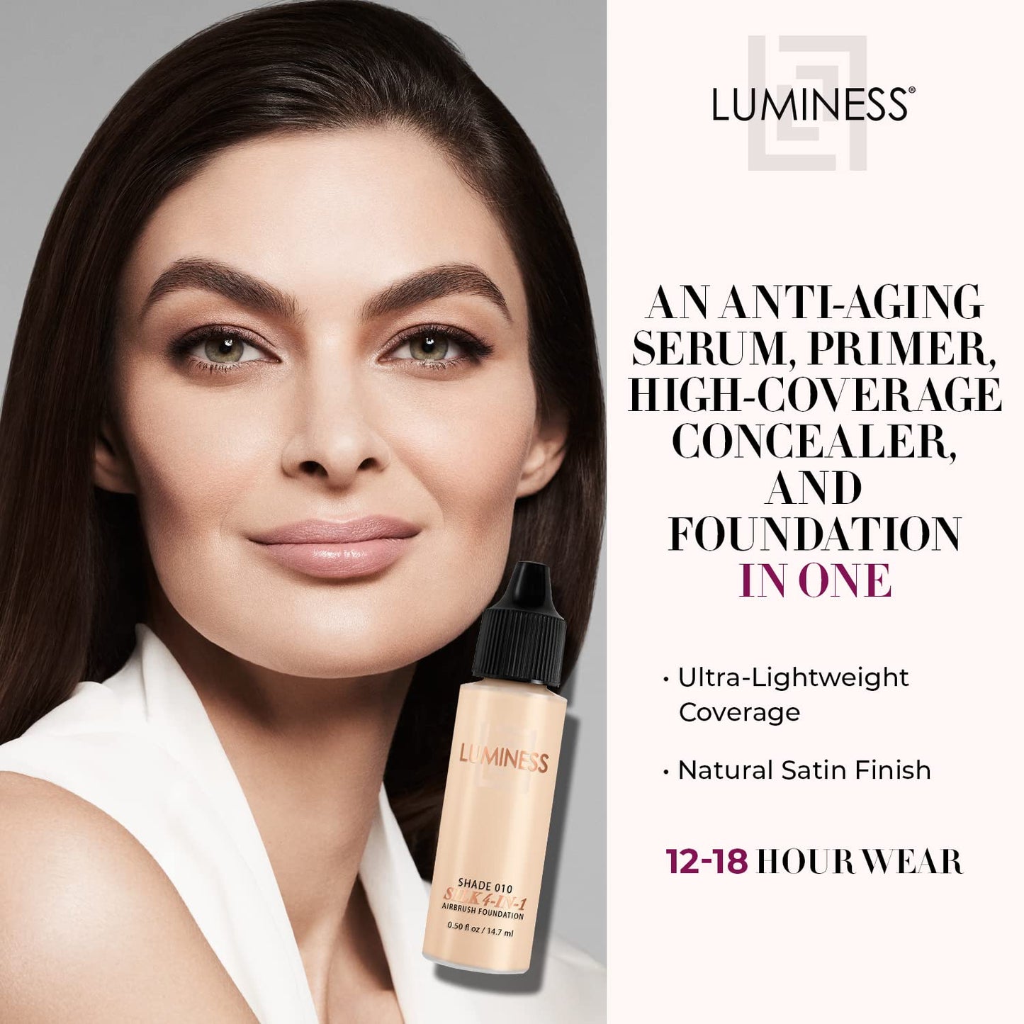 Luminess Air Silk 4-In-1 Airbrush Foundation- Foundation, Shade 010 (.5 Fl Oz) - Sheer to Medium Coverage - Anti-Aging Formula Hydrates and Moisturizes - Professional Makeup Kit for Cordless Air Brush