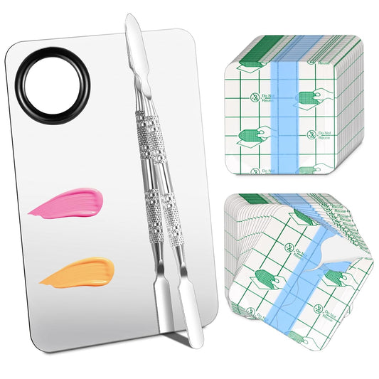 Makeup Mixing Palette Set, Makeup Hand Palette Single Use Makeup Mixing Tray Disposable Adhesive Cosmetic Makeup Palette Transparent Makeup Tape, Stainless Steel Foundation Mixing Palette with Spatula