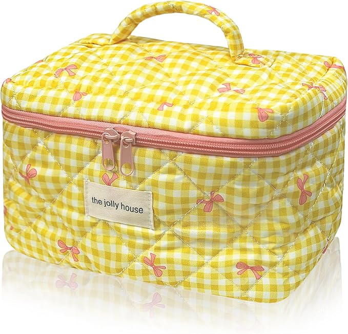 1pc Large Makeup Bag, Cute Cosmetic Bag for Women Girls, Floral Coquette Aesthetic Toiletry Bag, Travel Make Up Organizer Bag (Yellow Checked Bow