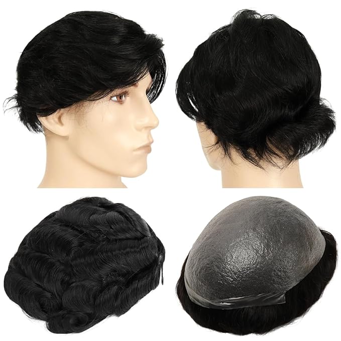 Mens 0.08mm Thin Skin Toupee, Knotless V-Looped Hairline 8x10 Inch Base Size 110% Medium Density Remy Human Hair System for Men #1 Jet Black