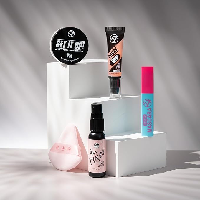 W7 On the Go Cuties Set - Mini Makeup Essentials with Primer, Mascara, Setting Spray, Loose Powder & Powder Puff - Travel Size Beauty Favourites