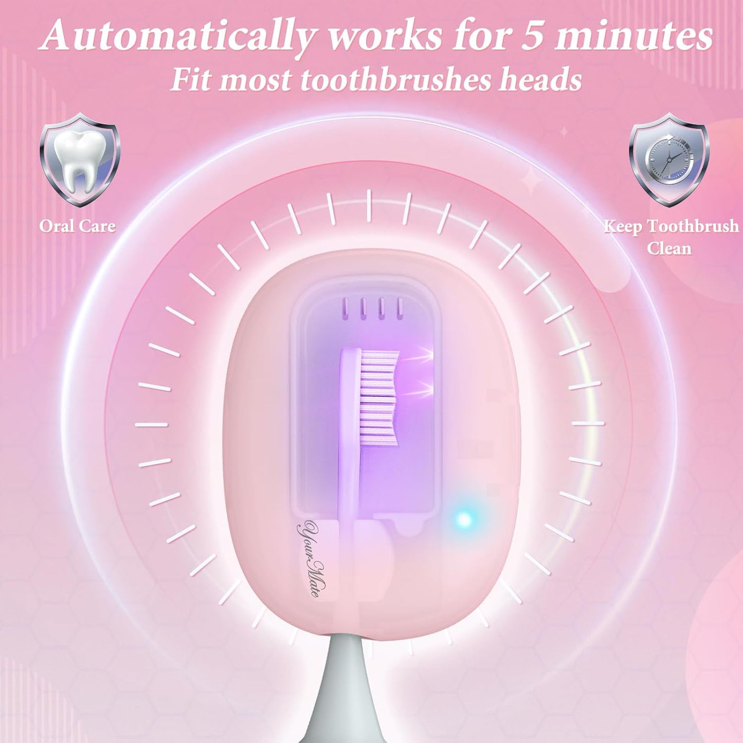 YourMate UVC Rechargerable Toothbrush Sanitizer Case Travel Toothbrush Covers Case with Holder for Houshold and Traveling or Business Trip Pink