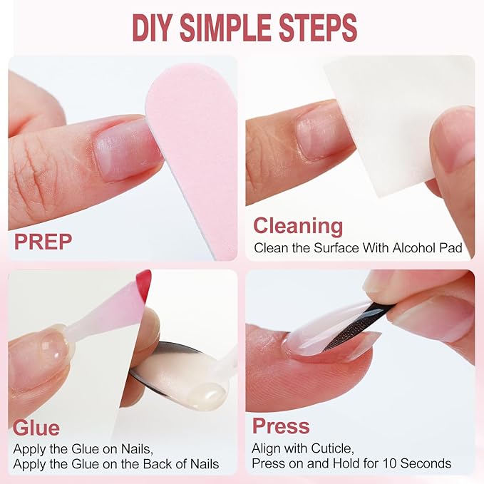 Rnker French Tip U Shape Press On Nails - Five colors Almond Top gel Nails with Bright Finish, 15 Sizes - 30 Nail Kit with Glue