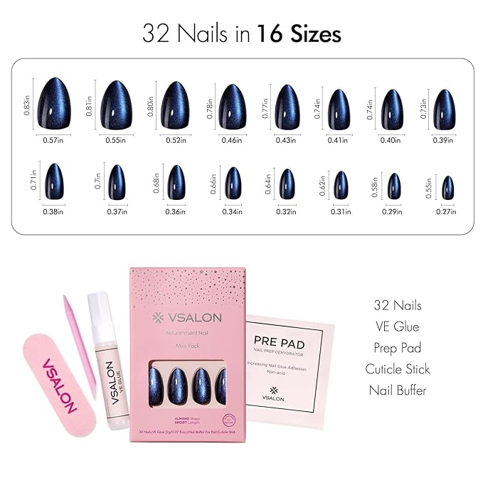VSALON Press on Nails Short Almond - Blue Cat Eye Chrome Glitter Glossy Glue On Valentine Nails Kit, Reusable Opaque Gel Magnetic Effect Fake Nails with Glue - in 16 Sizes 32 Stick On Nails