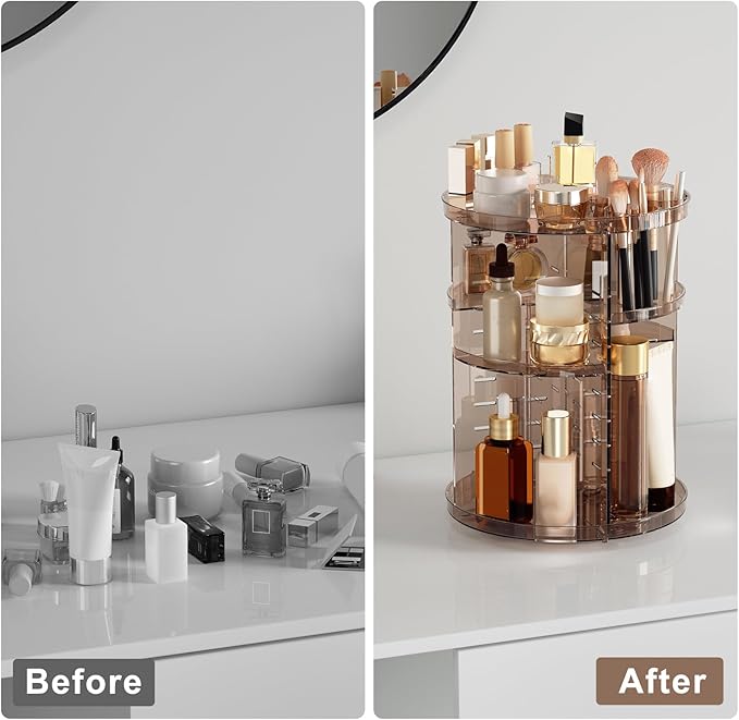 Rotating Makeup Organizer Countertop, DIY Adjustable Trays Spinning Skincare Organizers, Cosmetic Display Shelf with Perfume & Brush Holder, Multi-Function Desk Storage Carousel for Vanity Bathroom