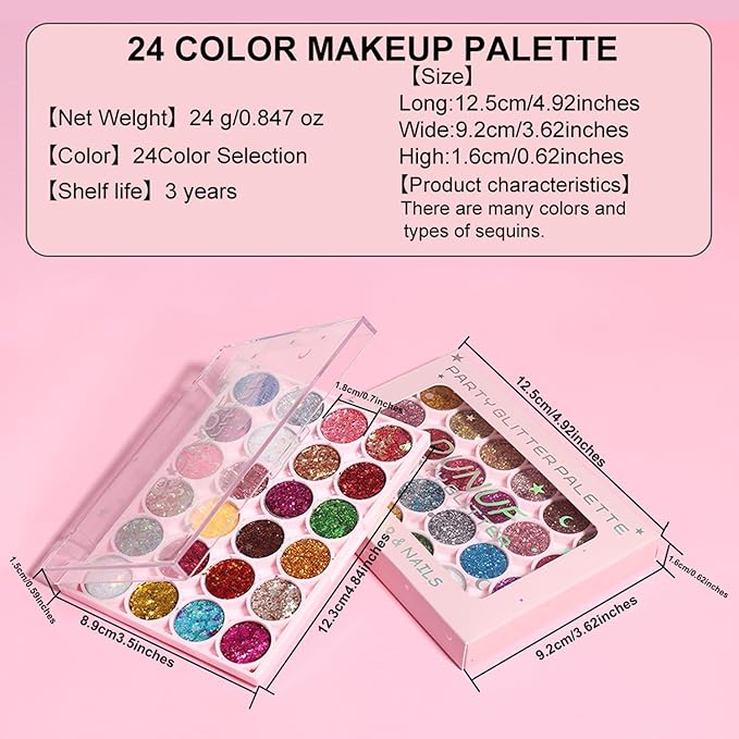 Glitter Eyeshadow Palette, 24 Colors Highly Pressed Pigmented Metallic Shimmer Sparkly Glitter Eyeshadow Makeup Pallet Palettes,Pink Blue Green Red Gold Purple Long Lasting Waterproof (24pcsA)