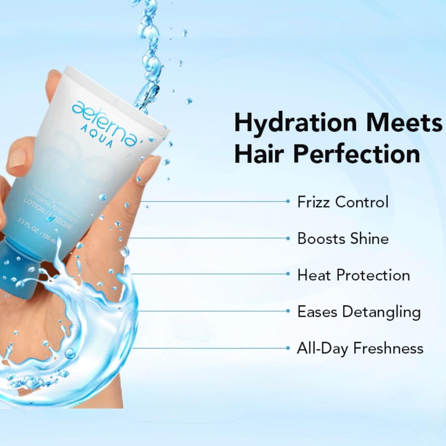 Aeterna Aqua Hydrating Anti-Frizz Hair Lotion | Frizz Ease, Deep Moisture & Color Protection - Vitamin E, Grape Seed & Collagen Infused, for All Hair Types - 100 ml