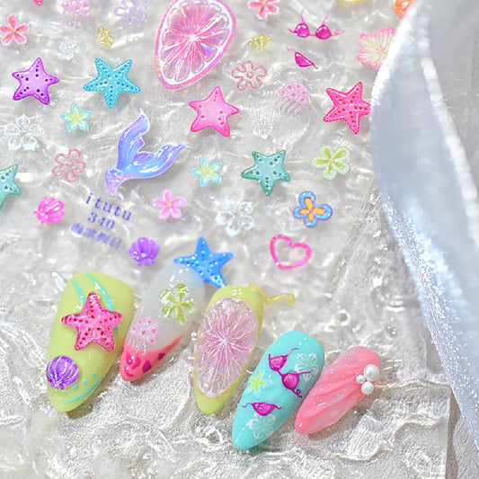 1 Sheets Summer Fruit Nail Stickers for Nails Art 5D Embossed Shell Starfish Nail Art Stickers Colorful Star Fish Jellyfish Self-Adhesive Design Summer Beach Nail Decals for Women Acrylic Manicure