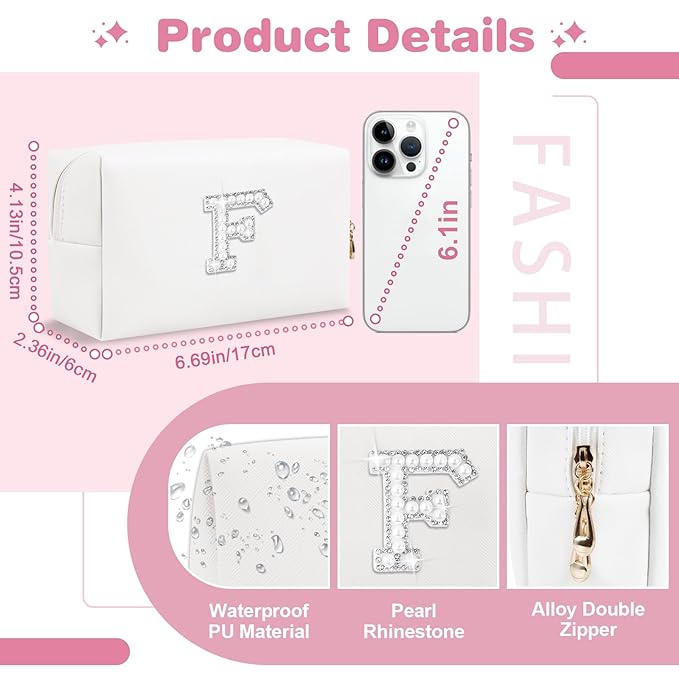 Bride Gifts – Personalized Initial Makeup Bag with Pearl Rhinestone Patch, Preppy White Monogram Cosmetic/Toiletry Pouch, bridesmaid Gifts, Bridal Shower Gifts, Wedding Gifts, Bridal Gifts,F