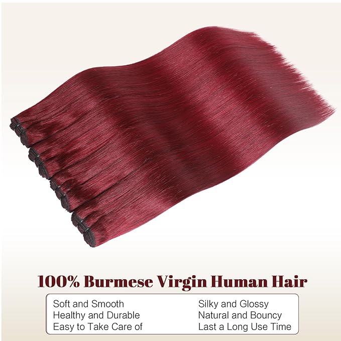 99J Burgundy Human Hair Bundles 16A Raw Straight Bundles Human Hair,100% Unprocessed Burmese Virgin Remy Hair Extensions,No Tangle Shedding (99J Burgundy Bundles, 22 24 26 Inch)