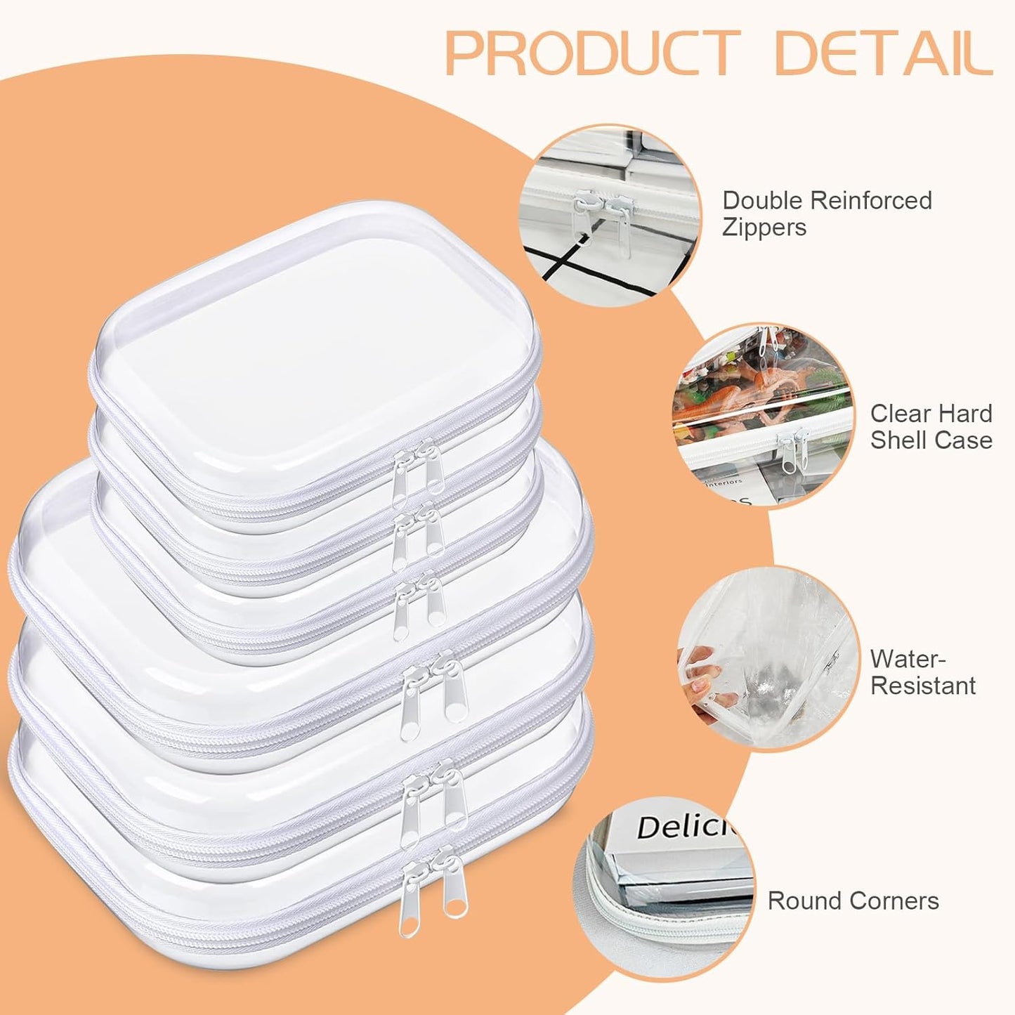 6 Pcs Clear Hard Zipper Case Hard-Sided Premium Storage Case Plastic Clear Hard Shell Zipper Pouch Portable Travel Organizer Box for Travel Building Blocks Puzzles Cosmetics Makeup Supplies (White)