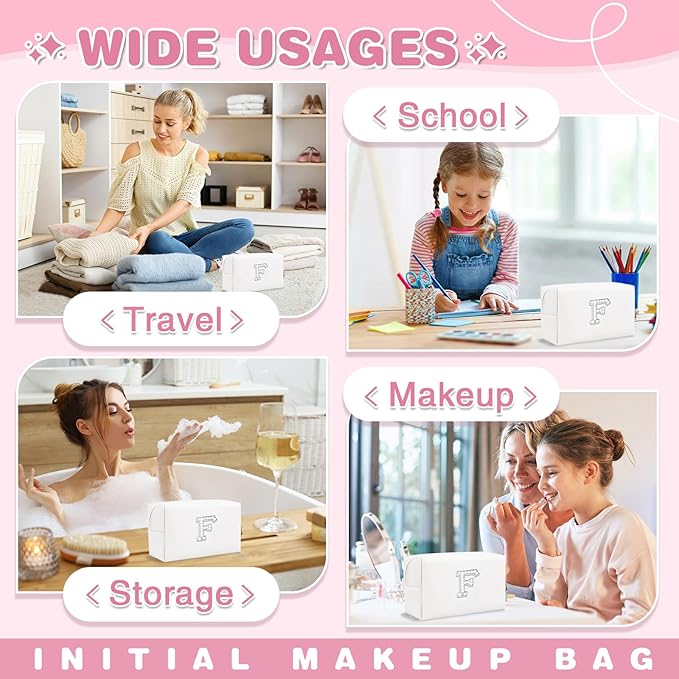 Bride Gifts – Personalized Initial Makeup Bag with Pearl Rhinestone Patch, Preppy White Monogram Cosmetic/Toiletry Pouch, bridesmaid Gifts, Bridal Shower Gifts, Wedding Gifts, Bridal Gifts,F