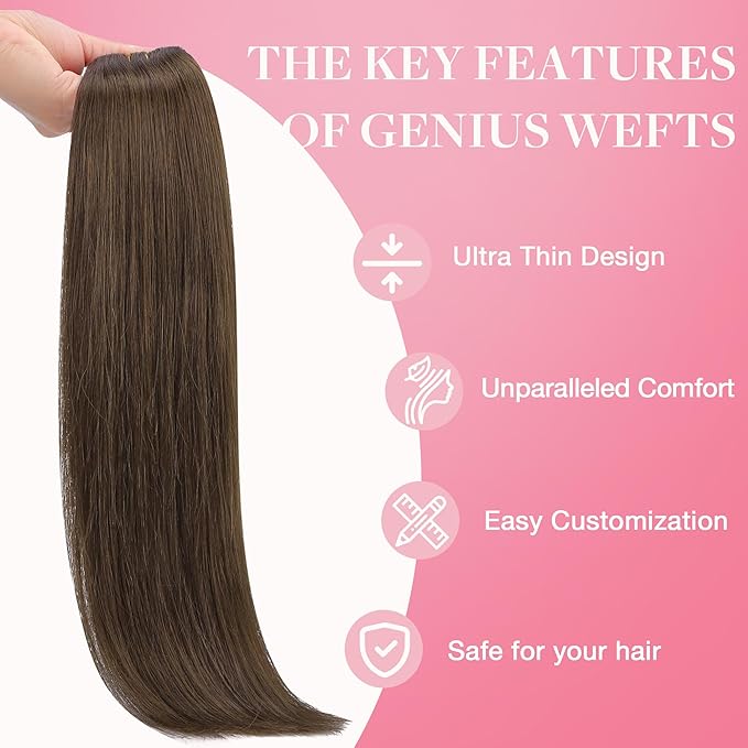 GOO GOO Genius Human Hair Extensions - Sew In Rooted Remy Weft, 4A Chocolate Brown 18 Inch 50g, Hand Tied
