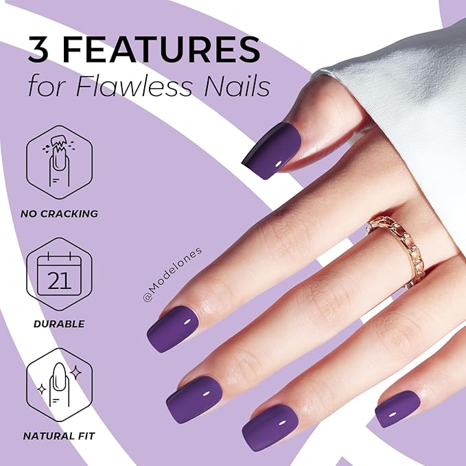 Modelones Midnight Purple Press on Nails, Short Square Fake Nails, Reusable Nail Kit with Nail Glue Adhesive Tabs Mini Nail File, Nails Press Ons 32Pcs16 Sizes